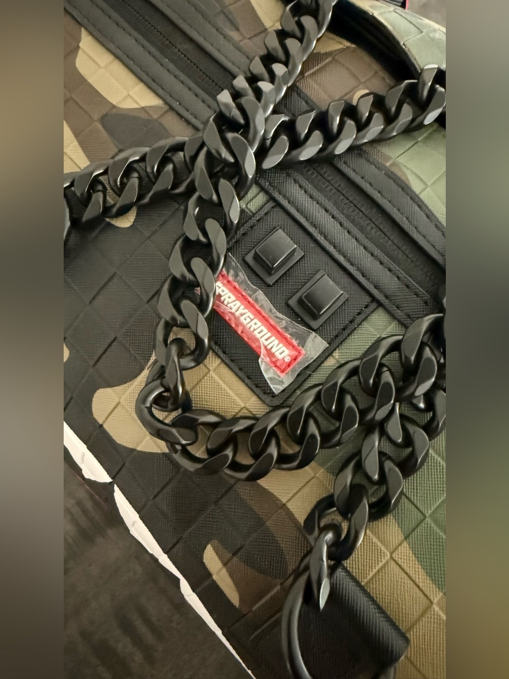 Sprayground Black Chain Camo Quilted Messenger Bag with Red Logo
